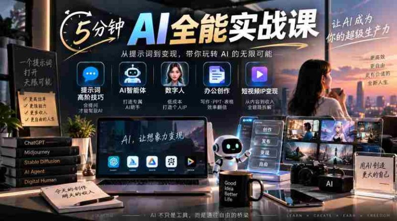 5分钟AI全能实战课｜提示词高阶技巧+AI智能体+数字人+办公创作+短视频IP变现全教程-OG资源站