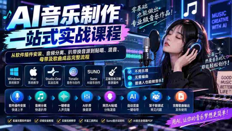 AI音乐制作一站式实战课程:从软件插件安装、音频分离、扒带换音源到贴唱、混音、母带及歌曲成品完整流程-OG资源站