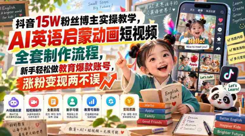 揭秘抖音15万粉丝达人实操攻略:AI英语启蒙动画短视频全流程制作,新手轻松打造教育热门账号,粉丝增长与收益双赢-OG资源站