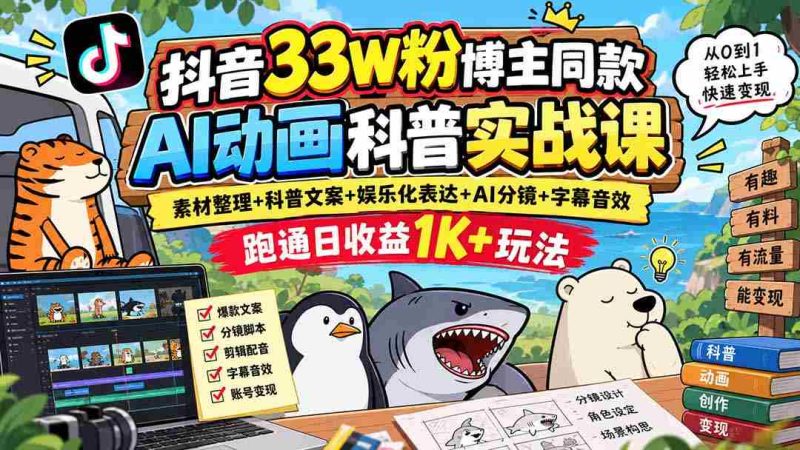 揭秘抖音33万粉丝大V独家AI动画教学：从素材到文案，娱乐表达，AI分镜，字幕音效全攻略，轻松实现日入过千！-OG资源站