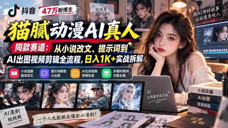 抖音47万粉博主猫腻动漫AI真人同款赛道：从小说改文、提示词到AI出图视频剪辑全流程，日入1K+实战拆解-OG资源站