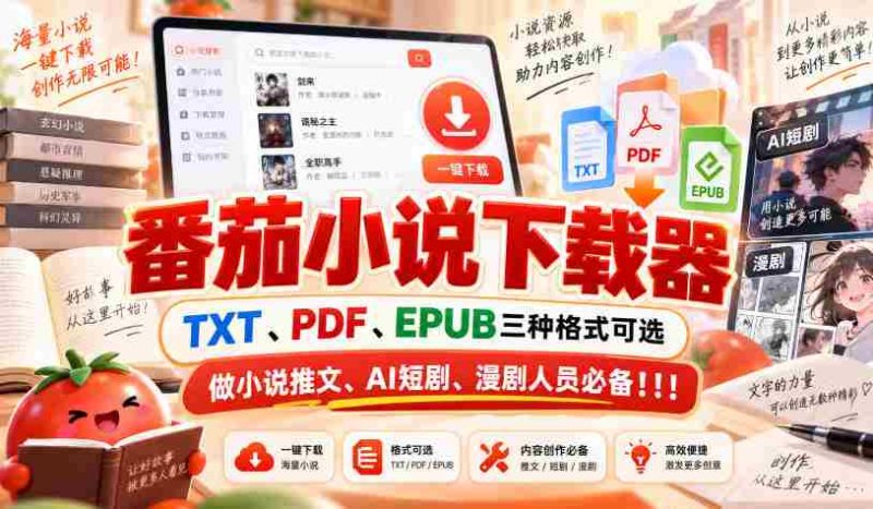 精选番茄小说下载神器，支持TXT、PDF、EPUB格式，小说推广、AI短剧、漫画剧制作必备利器！-OG资源站