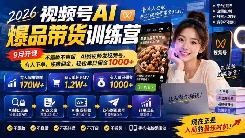 2026年视频号AI爆款带货课程来袭！9月启航，无需露脸直播，AI帮你制作与发布，订单源源不断，佣金日入千余，轻松赚钱！-OG资源站