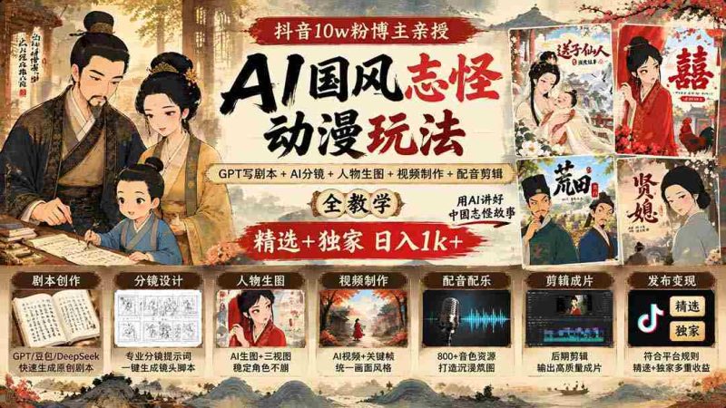 揭秘抖音百万粉丝大V揭秘AI国风动漫创作秘诀：GPT剧本编写+AI分镜指导+角色生图+视频剪辑制作全教程，精选攻略日入千元不是梦-OG资源站