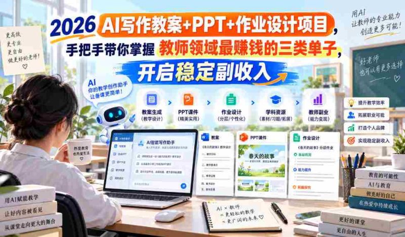 2026 AI写作教案+PPT+作业设计项目，手把手带你掌握教师领域最賺钱的三类单子，开启稳定副收入-OG资源站
