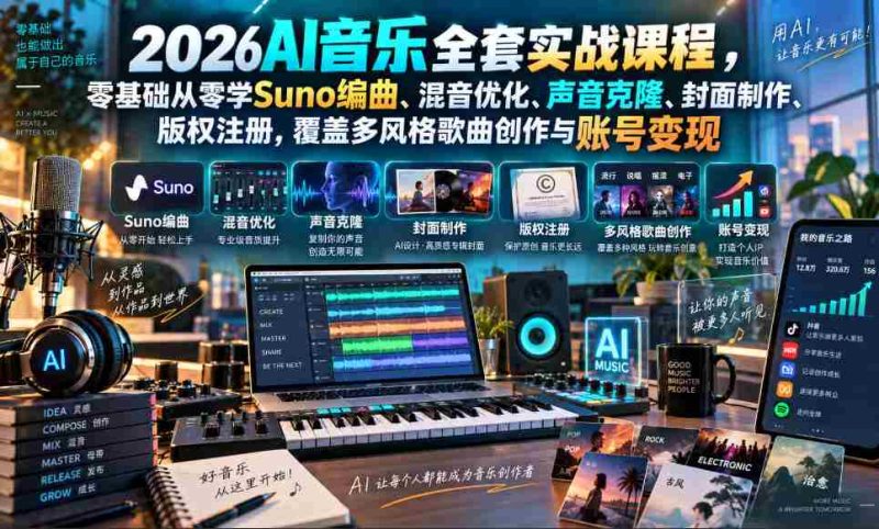 2026AI音乐制作实战攻略：零起点解锁Suno编曲、混音提升、声音复制与版权登记，多元风格创作助力账号盈利-OG资源站
