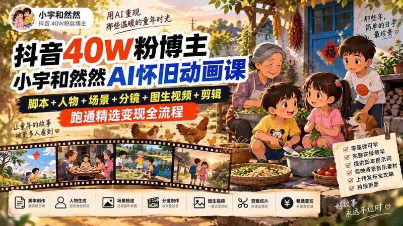 抖音40W粉博主小宇和然然AI怀旧动画课｜脚本+人物+场景+分镜+图生视频+剪辑，跑通精选变现全流程-OG资源站