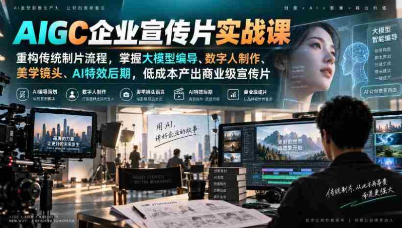 颠覆传统影视制作！AIGC实战培训，深度解析大模型编导技巧、数字人制作艺术、美学镜头捕捉与AI特效后期，轻松打造低成本商业级宣传片-OG资源站