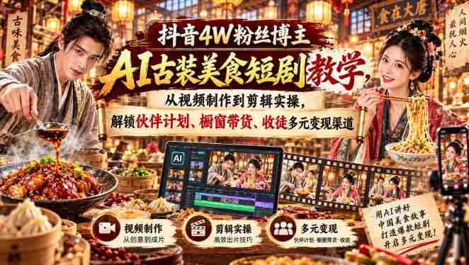 抖音4W粉丝达人揭秘：AI古装美食剧制作全攻略，实操剪辑技巧，解锁多渠道盈利秘籍-OG资源站