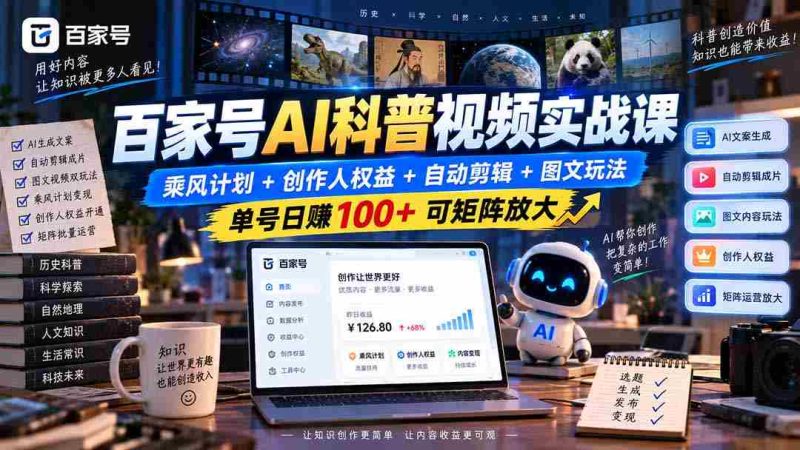 百家号AI科普视频实战课：乘风计划+创作人权益+自动剪辑+图文玩法，单号日赚100+可矩阵放大-OG资源站