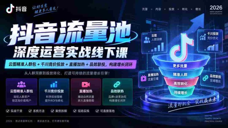 抖音流量池深度运营实战线下课｜云图精准人群包+千川竞价投放+直播加热+品效联投，构建增长闭环-OG资源站