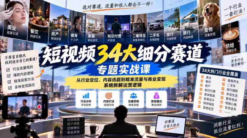 揭秘短视频34个热门领域实战攻略：深入剖析行业定位、内容策划、流量获取与商业转化，全方位解析运营策略-OG资源站