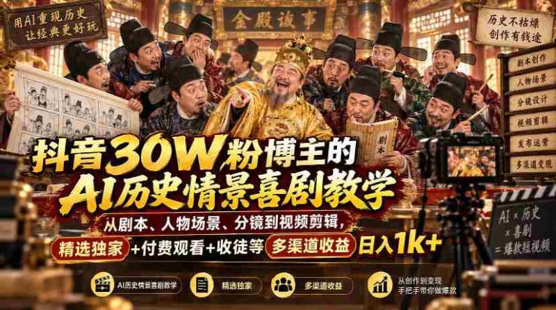 揭秘抖音红人AI历史剧创作全流程：剧本构思、角色搭建、镜头设计至剪辑技巧，独家分享+付费观看+学徒招募，日赚千元轻松实现-OG资源站