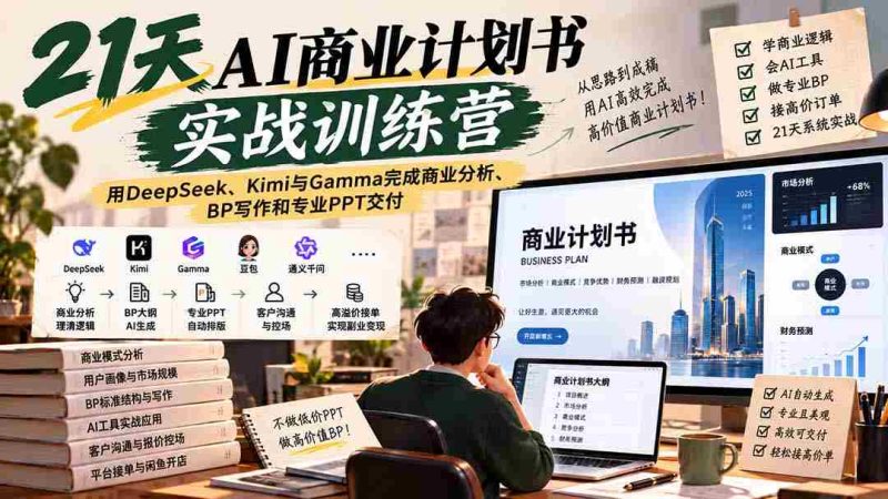【无水印】21天AI商业计划书实战训练营:用DeepSeek、Kimi与Gamma完成商业分析、BP写作和专业PPT交付-OG资源站