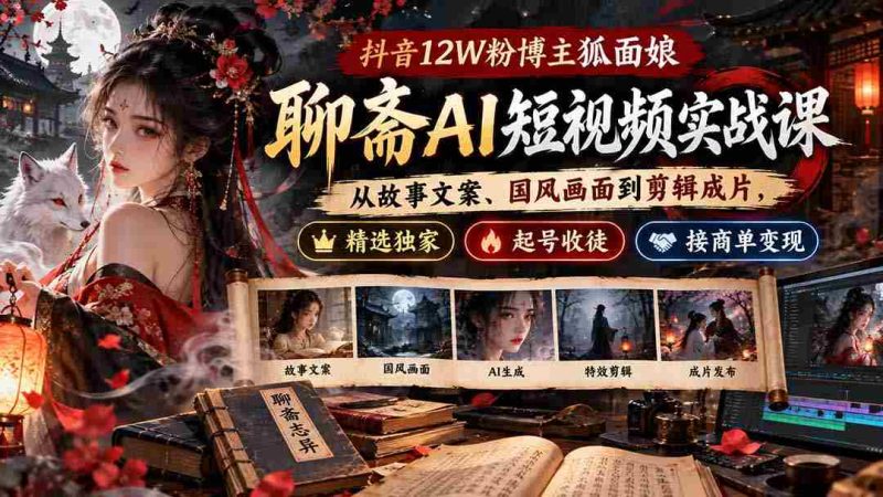 狐面娘抖音12万粉丝博主揭秘：聊斋AI短视频制作全攻略，涵盖文案、国风画面、剪辑技巧，独家教程助你起号收徒，轻松接商单盈利-OG资源站