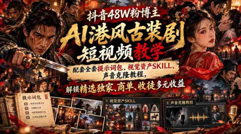 揭秘抖音48万粉丝博主AI港风古装剧短视频制作秘籍:附赠提示词包、视觉素材技巧、声音克隆指南,畅享精选收益、商业合作、收徒多重盈利-OG资源站