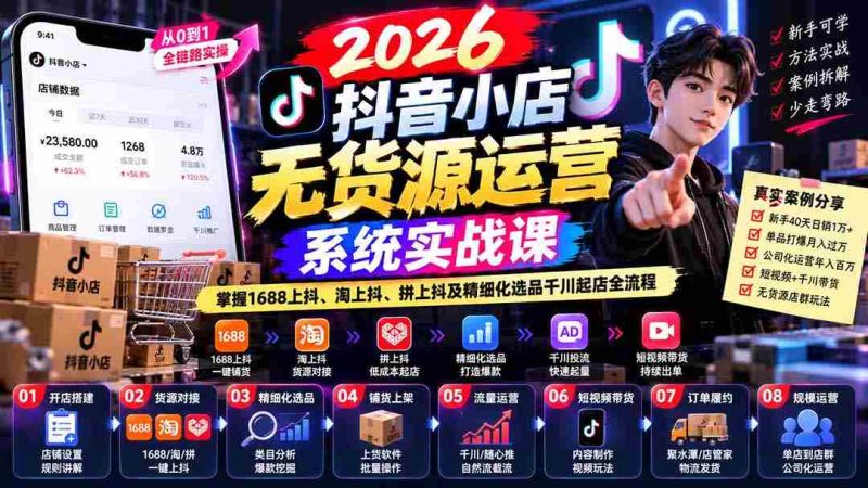 2026抖音店铺无货源运营攻略：全解析1688跨平台抖音营销、淘宝抖音融合、拼多多抖音联动及精准选品与千川开店技巧-OG资源站