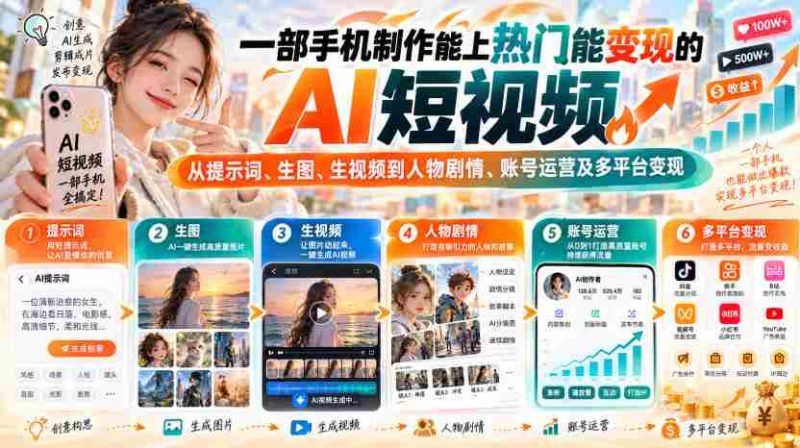 【无水印】一部手机制作能上热门能变现的AI短视频,从提示词、生图、生视频到人物剧情、账号运营及多平台变现-OG资源站