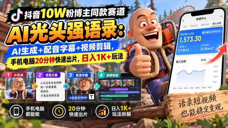 抖音十万粉丝达人热推:AI光头强台词新玩法,智能生成+语音字幕+视频剪辑,仅需手机电脑20分钟,轻松日赚千元-OG资源站