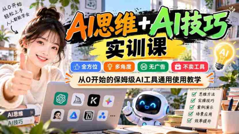 【无水印】AI思维+AI技巧实训课，全方位、多角度、无广告、不卖工具，从0开始的保姆级AI工具通用使用教学-OG资源站