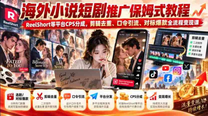 海外轻小说短视频营销指南:ReelShort等平台CPS收益解析,剪辑技巧、关键词引流、爆款对标,全方位变现课程攻略-OG资源站