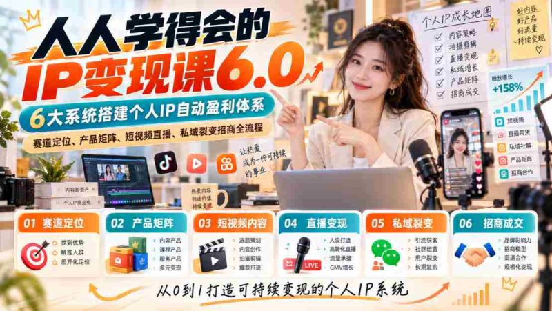揭秘:无需高深技能的IP变现攻略6.0版,构建六大盈利系统,精准定位赛道,打造产品矩阵,短视频与直播引流,私域裂变招商一步到位-OG资源站