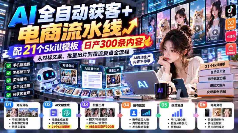 全新升级】AI智能化客户获取+电商内容生产线-最新版0928:附赠21款技能模板,日产出300篇高质量内容,涵盖对标文案、批量制作和投放广告的全环节-OG资源站