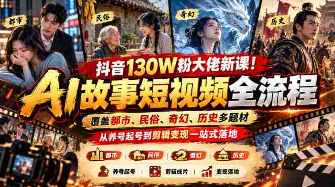 揭秘抖音百万粉丝达人全新课程:全方位AI短视频制作攻略,涵盖城市、民间、魔幻、历史等多种题材,从账号运营到视频剪辑、收益变现一网打尽-OG资源站