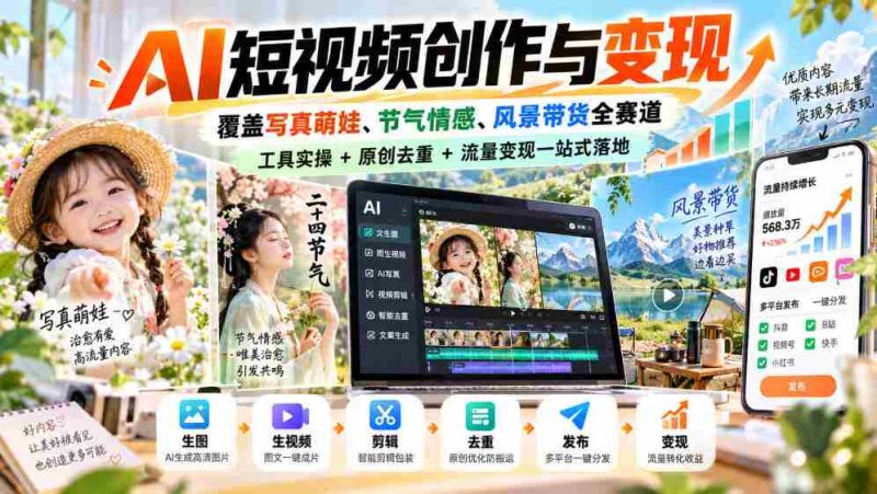 探索AI短视频全领域创作与盈利,涵盖萌娃写真、节气情感、风光带货,一网打尽工具应用、原创去重、流量变现全攻略-OG资源站