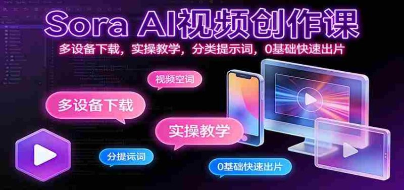 Sora AI视频创作课:多设备下载,实操教学,分类提示词,0基础快速出片-OG资源站