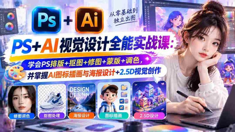零基础精通】PS与AI视觉设计大师班：全面掌握PS排版技巧、抠图修图艺术，深度解析蒙版调色，同时解锁AI图标插画与海报制作、2.5D视觉创作秘密-OG资源站