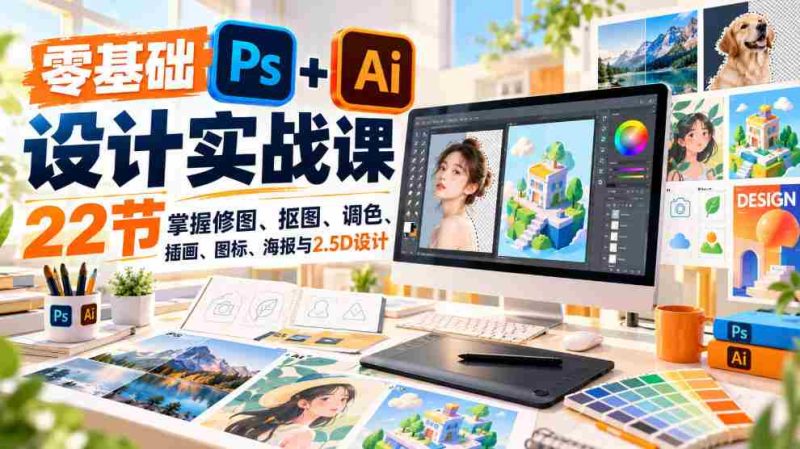 免费】小白也能轻松学会的PS和AI设计课程｜22节课解锁修图、抠图、调色等实用技能-OG资源站