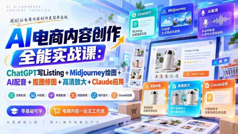 零水印】全方位AI电商内容制作课程：运用ChatGPT撰写商品描述+Midjourney绘制插图+AI配音技术+图像剪辑与修饰+高清图像处理+Claude应用技巧-OG资源站