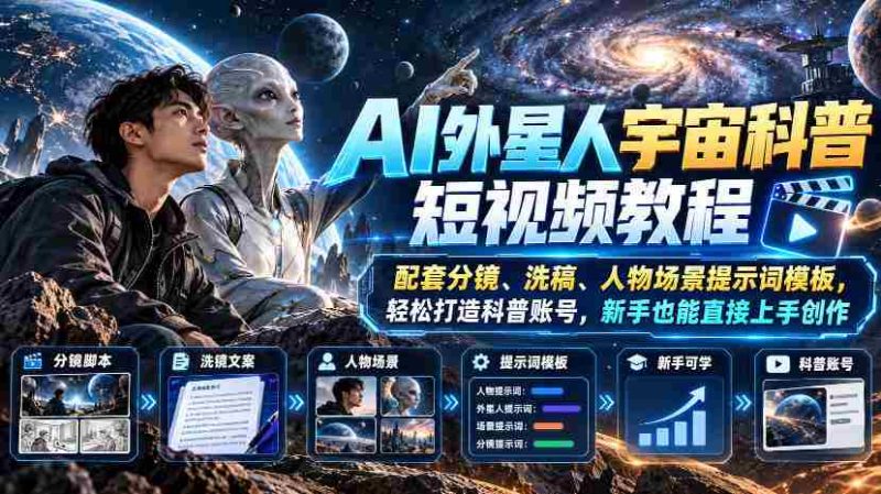 AI外星人宇宙科普短视频教程，配套分镜、洗稿、人物场景提示词模板，轻松打造科普账号，新手也能直接上手创作-OG资源站