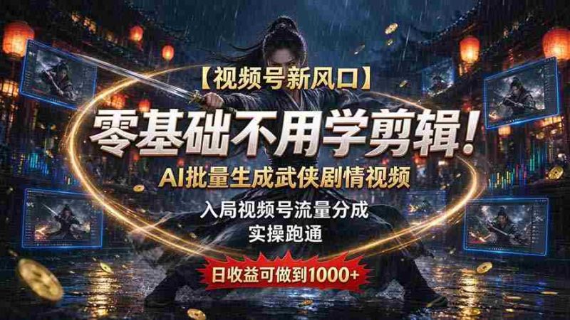 【视频号新风口】零基础不用学剪辑！AI 批量生成武侠剧情视频，入局视频号流量分成，实操跑通，日收益可做到 1000+-OG资源站