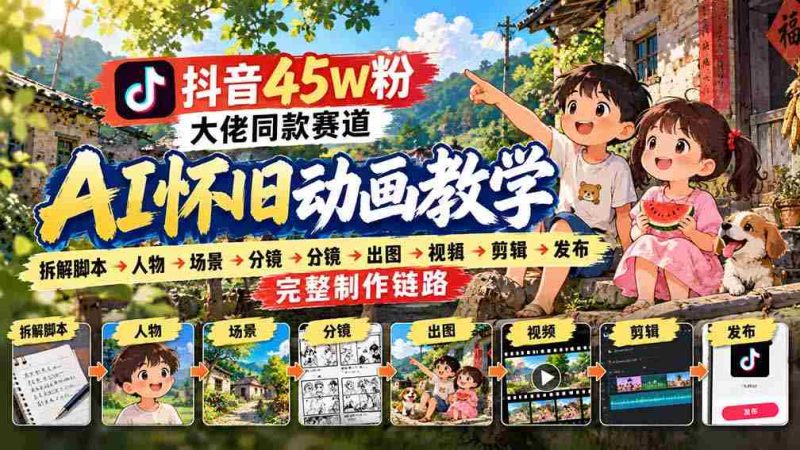 抖音45W粉大佬同款赛道AI怀旧动画教学：拆解脚本→人物→场景→分镜→出图→视频→剪辑→发布完整制作链路-OG资源站