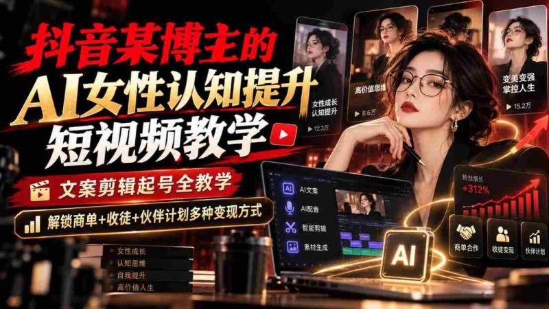 抖音达人揭秘：AI辅助女性认知进阶教程，视频制作与账号运营全攻略，解锁商业合作、收徒和团队伙伴多元化盈利模式-OG资源站