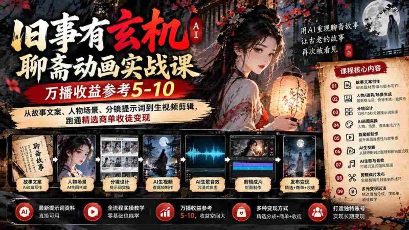 揭秘古事神秘面AI版聊斋动画实操课程来袭！9月开课，万播收益预估5-10元，涵盖故事文案、角色场景及分镜制作，助你轻松驾驭精选广告合作与学徒招募-OG资源站