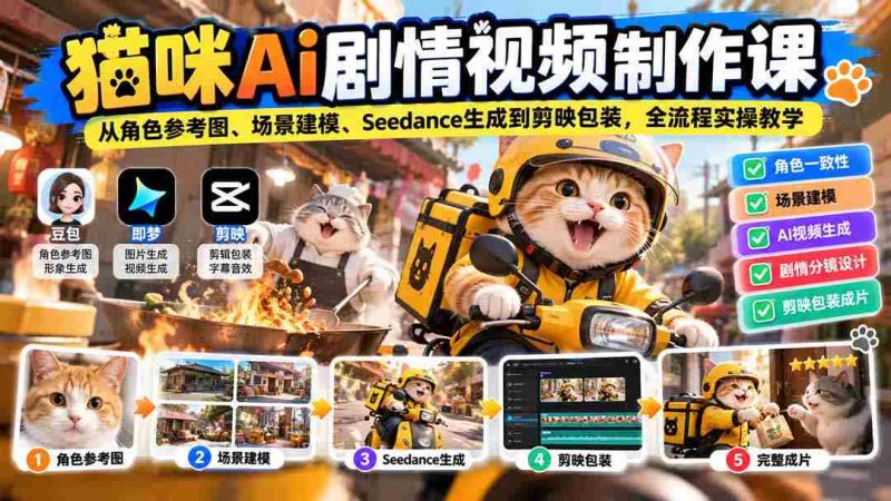 猫咪AI剧情视频制作课：从角色参考图、场景建模、Seedance生成到剪映包装，全流程实操教学-OG资源站