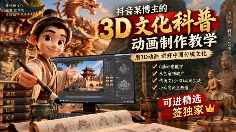 抖音某博主的3D文化科普动画制作教学，用3D动画呈现中国传统文化，可进精选签独家，单日收益1k+-OG资源站