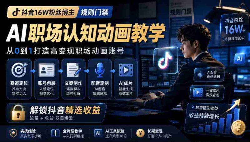 抖音16W粉丝博主规则门禁的AI职场认知动画教学,从赛道定位、账号包装,到文案创作、配音定制、AI成片,解锁抖音精选收益-OG资源站
