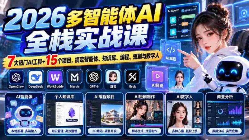 【无水印】2026多智能体AI全栈实战课：7大热门AI工具+15个项目，搞定智能体、知识库、编程、短剧与数字人-OG资源站