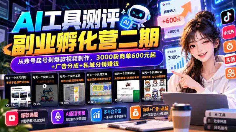 AI工具测评副业孵化营二期:从账号起号到爆款视频制作,3000粉商单600元起+广告分成+私域分销赚钱-OG资源站