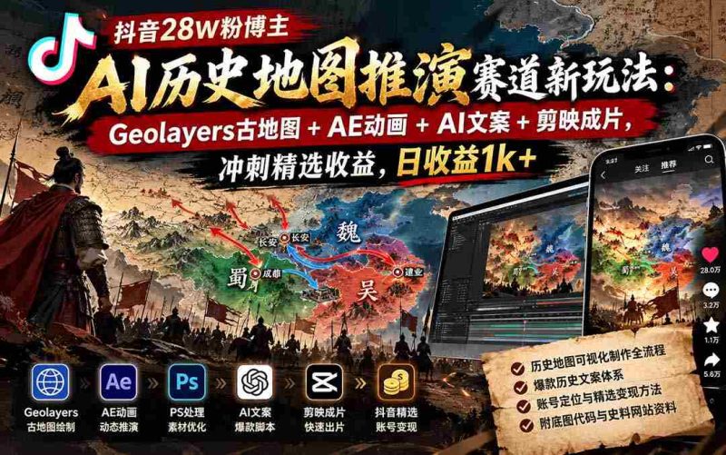 探索抖音AI历史地图创新玩法:Geolayers古地图、AE动画、AI文案融合剪映,28万粉丝博主领跑,日收入突破千元-OG资源站