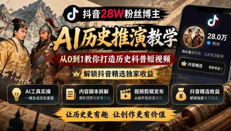 揭秘：抖音28万粉丝大V的AI历史分析课堂，零基础教你制作热门历史科普视频，开启抖音收益新篇章-OG资源站