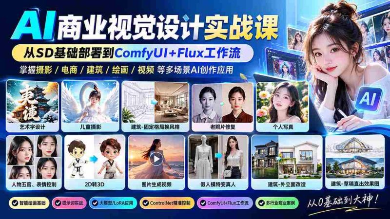 零水印】AI商业视觉设计实操教学：从SD核心部署至ComfyUI+Flux流程，解锁摄影、电商、建筑AI创作秘籍-OG资源站