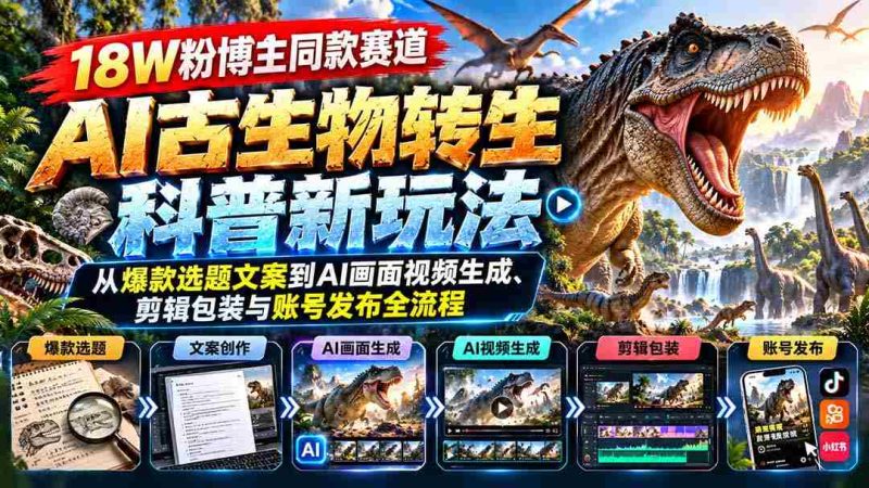 18W粉博主同款赛道-AI古生物转生科普新玩法:从爆款选题文案到AI画面视频生成、剪辑包装与账号发布全流程-OG资源站