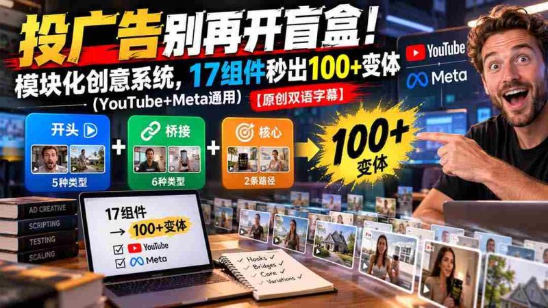 投广告别再开盲盒！模块化创意系统，17组件秒出100+变体（YouTube+Meta通用）【原创双语字幕】-OG资源站