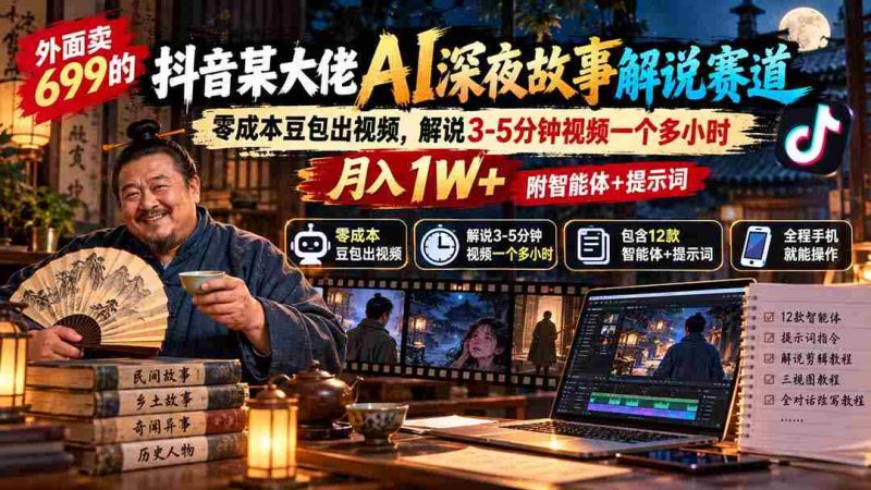 抖音红人AI深夜说书达人揭秘：699元成本打造3-5分钟视频，月入过万，智能助手与关键词一应俱全-OG资源站