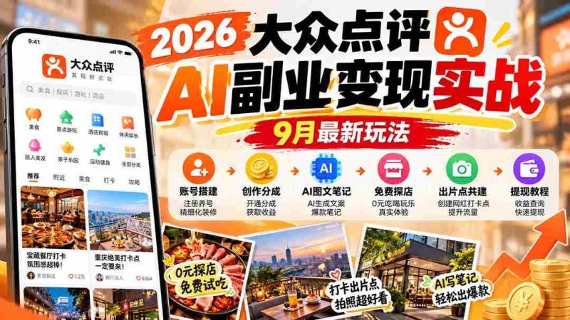2026大众点评AI副业变现实战9月最新玩法:账号搭建+创作分成+AI图文笔记+免费探店+出片点共建与提现教程-OG资源站